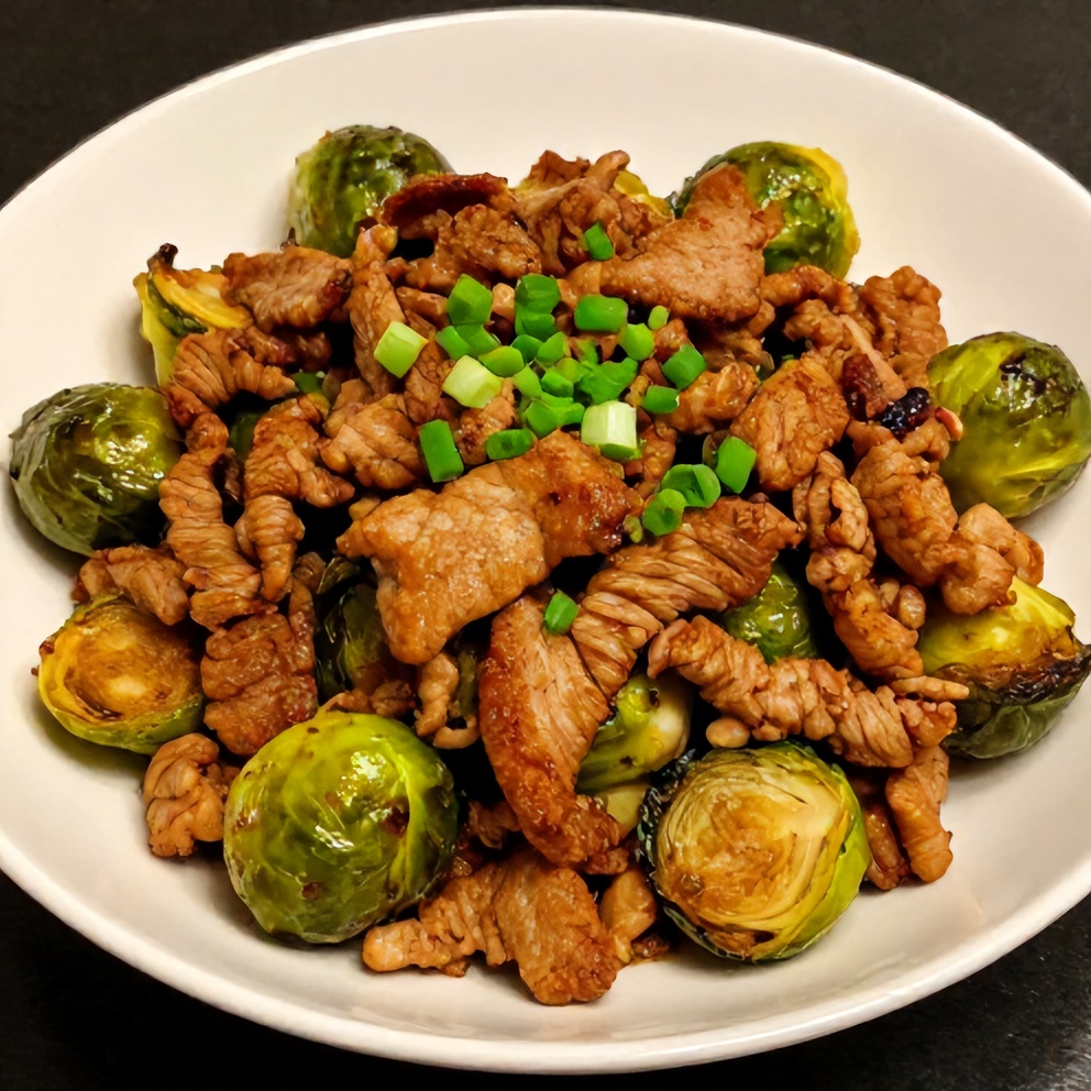 Plated Quick Spicy Pork Brussels Sprouts Bowls