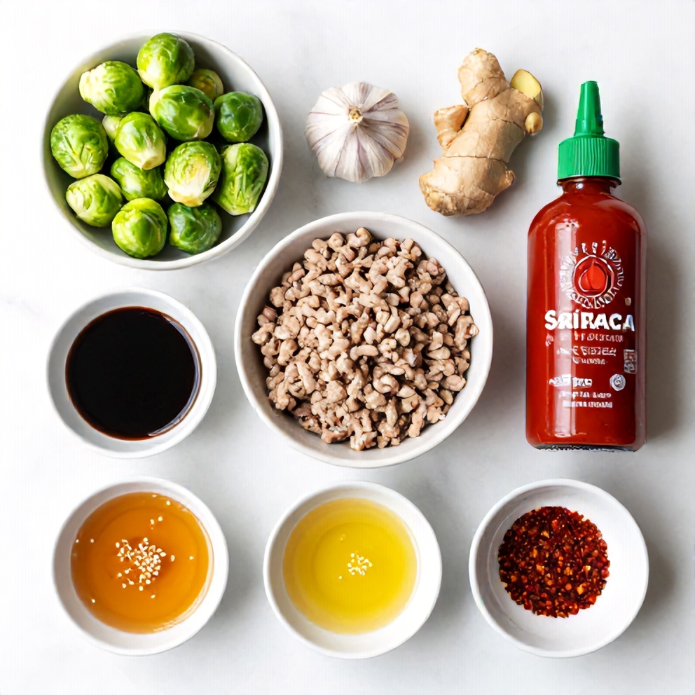 Raw ingredients for Quick Spicy Pork Brussels Sprouts Bowls