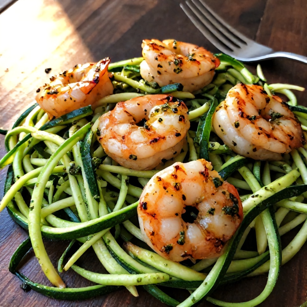 Quick Zucchini Noodles with Pesto and Grilled Shrimp