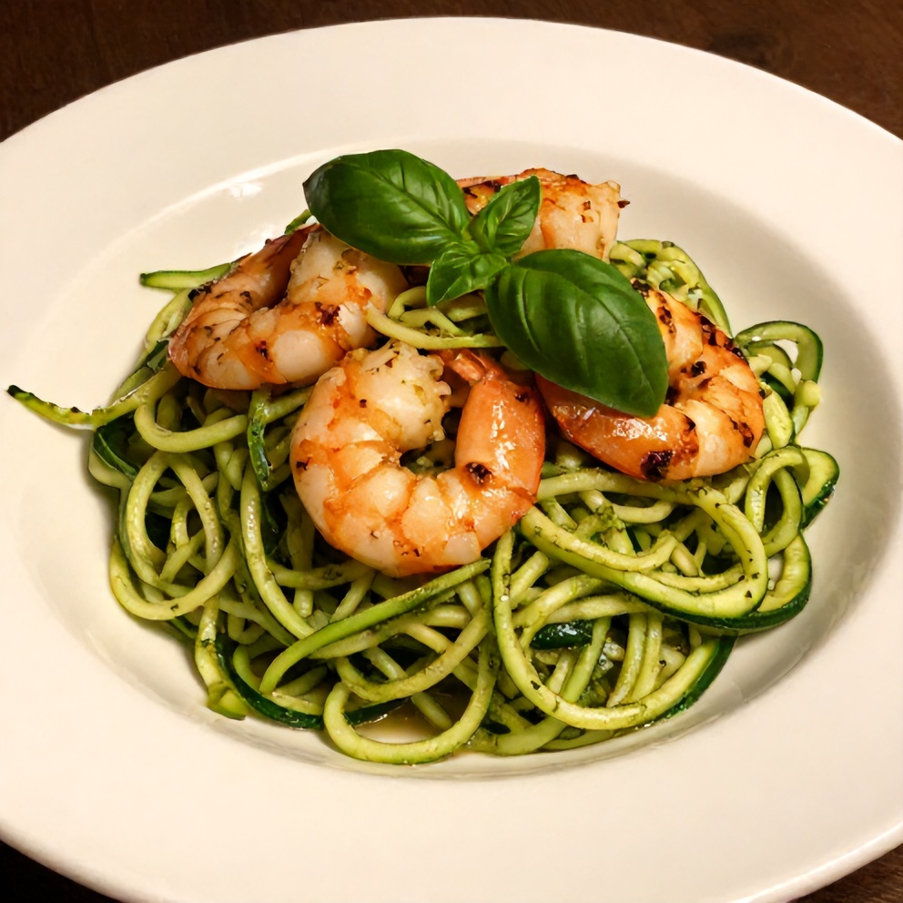 Plated serving of Quick Zucchini Noodles with Pesto and Grilled Shrimp
