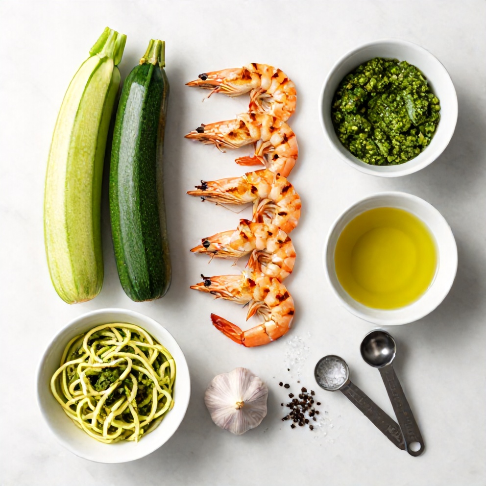 Raw ingredients for Quick Zucchini Noodles with Pesto and Grilled Shrimp