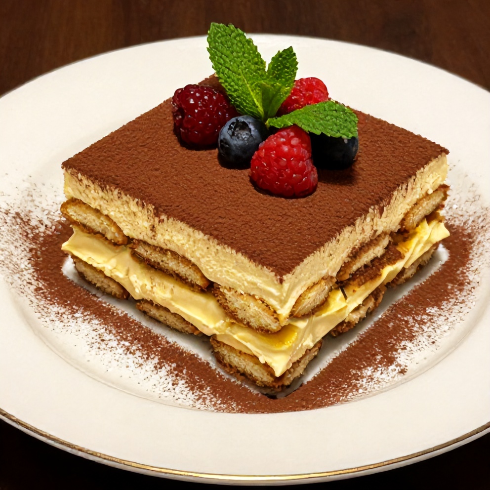 Plated lemon tiramisu with fresh berries and mint leaves