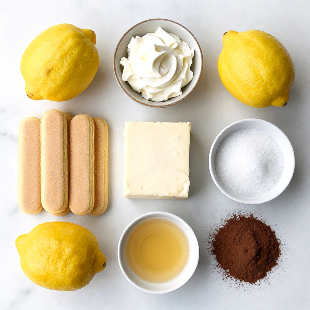 Lemon tiramisu ingredients including ladyfingers, mascarpone cheese, and lemons