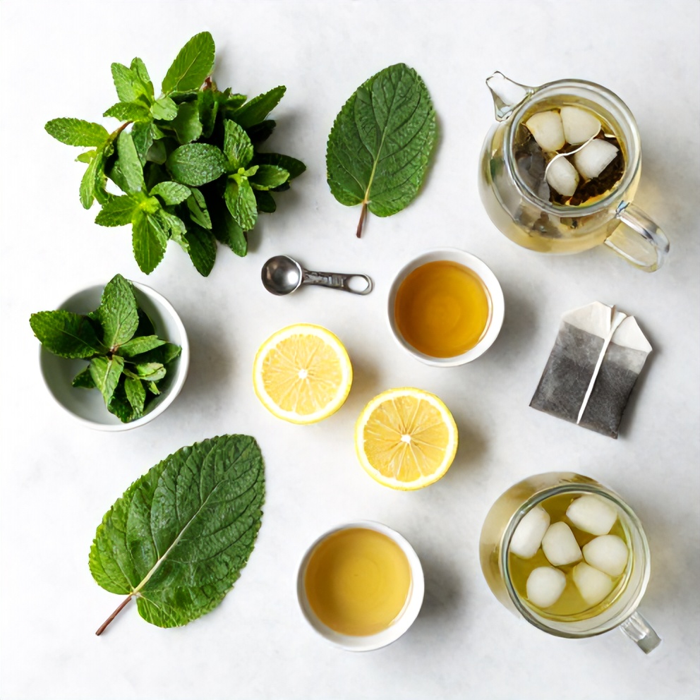 Raw ingredients for mint lemon verbena iced tea