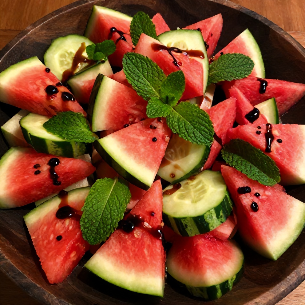 Plated Watermelon Cucumber Salad with Feta and Mint
