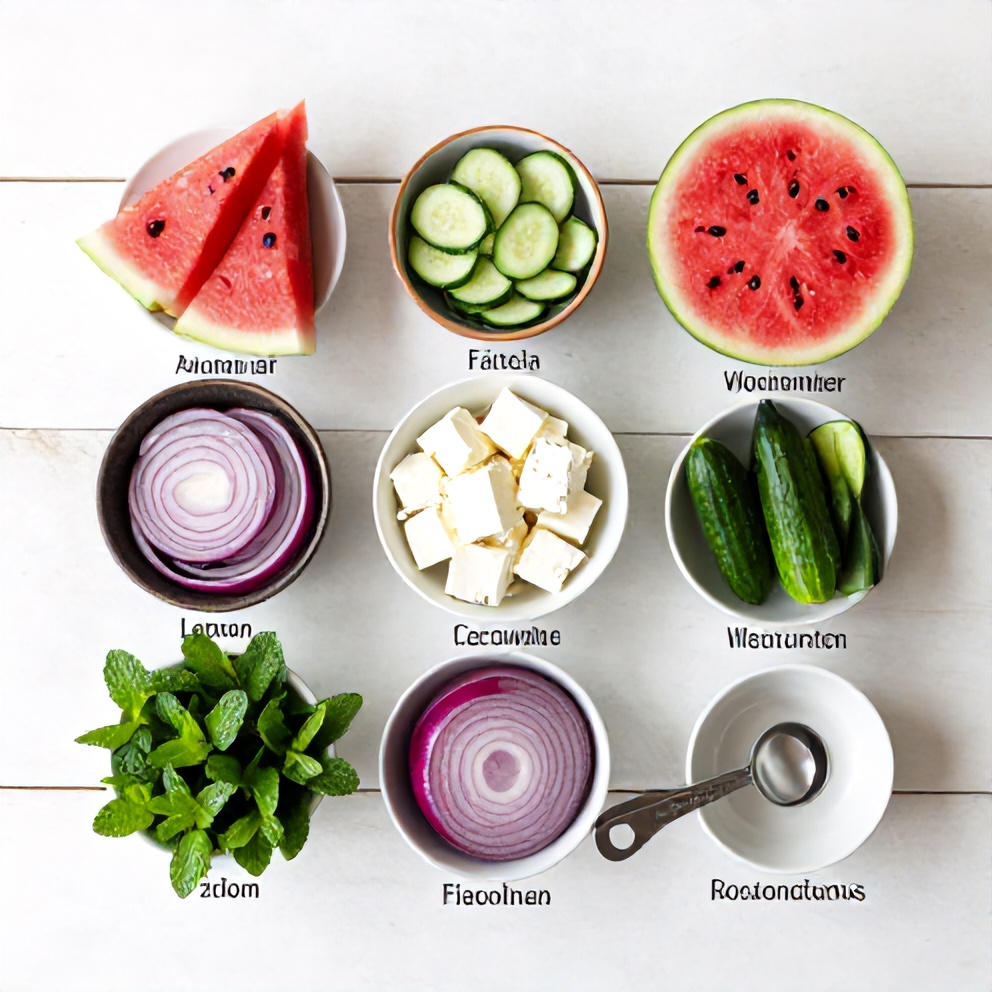 Raw ingredients for Watermelon Cucumber Salad