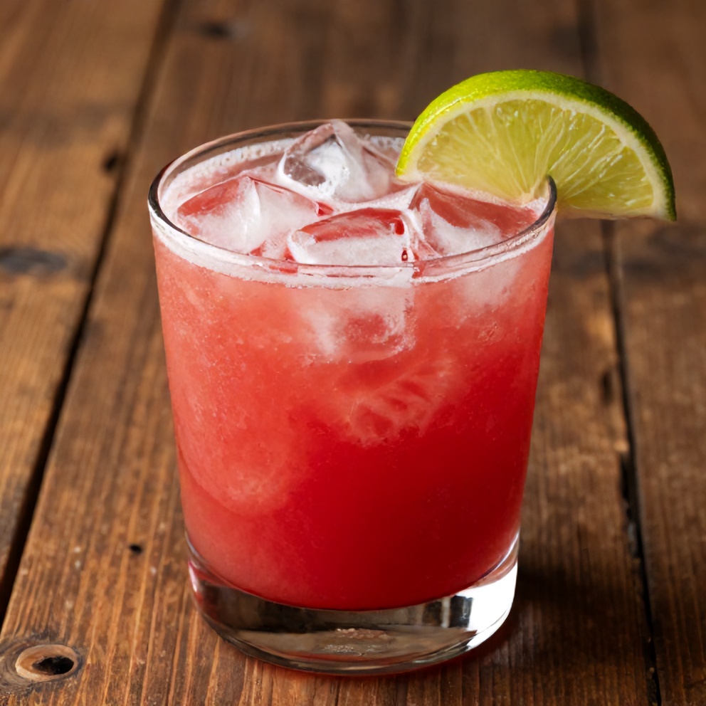 Watermelon rose cooler in a glass with ice and a lime wheel garnish on a rustic wooden table