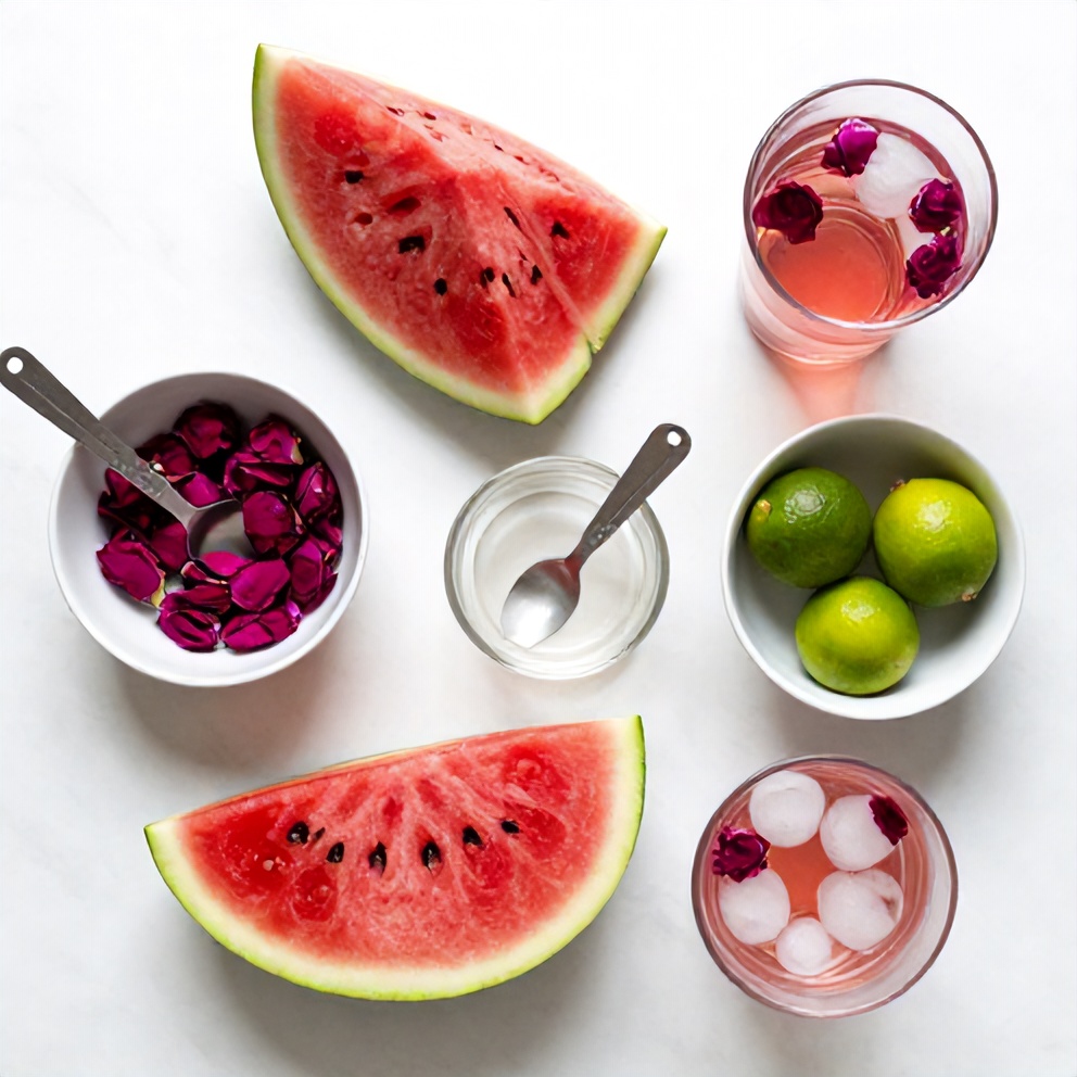 Watermelon, rose water, lime, ice, and a glass on a wooden surface