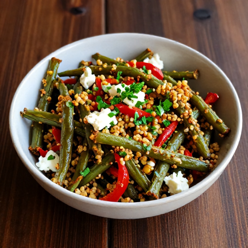 Plated serving of crispy roasted green bean quinoa salad
