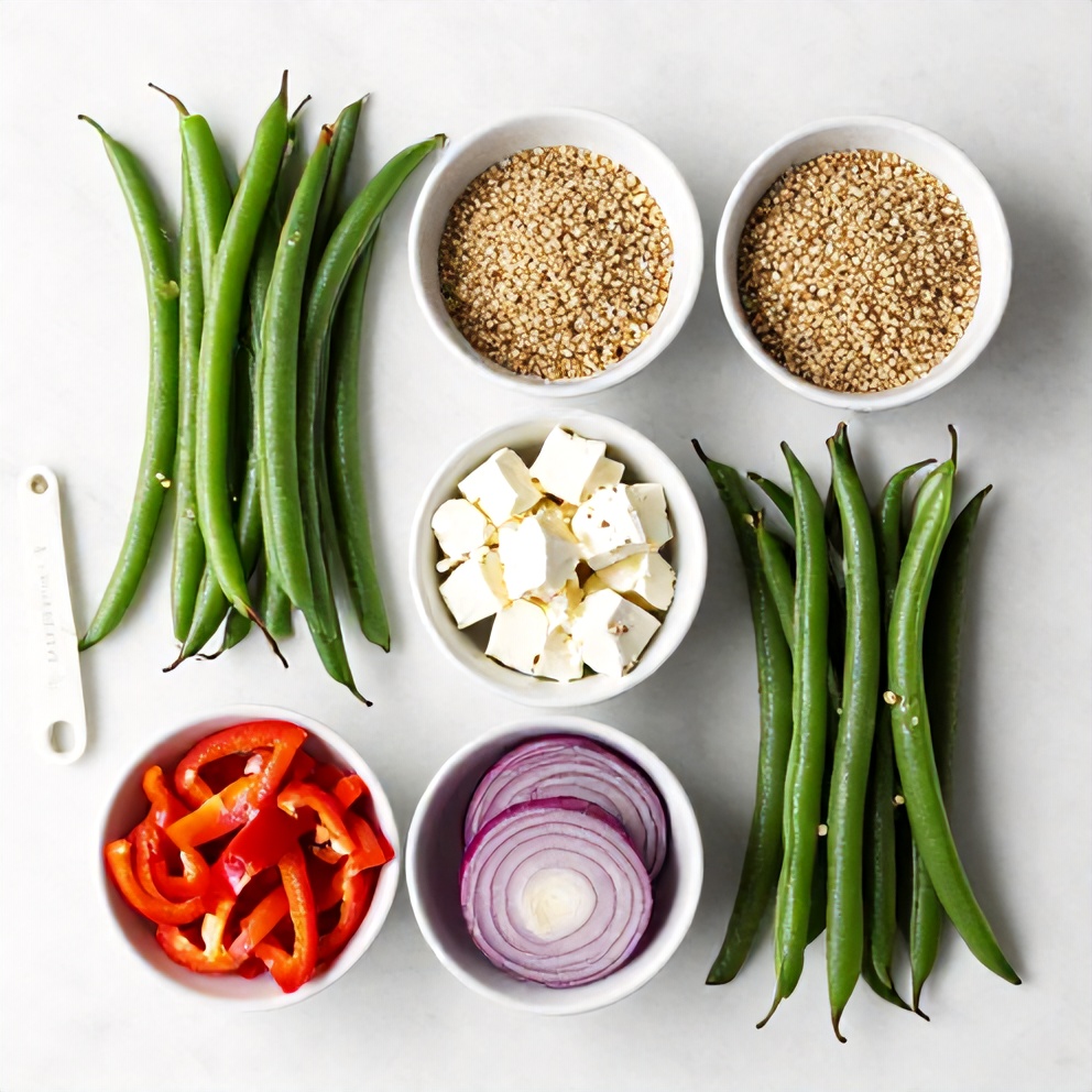 Raw ingredients for roasted green bean quinoa salad