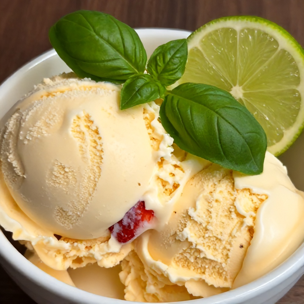 Plated Roasted Strawberry Basil Ice Cream with Lime Twist