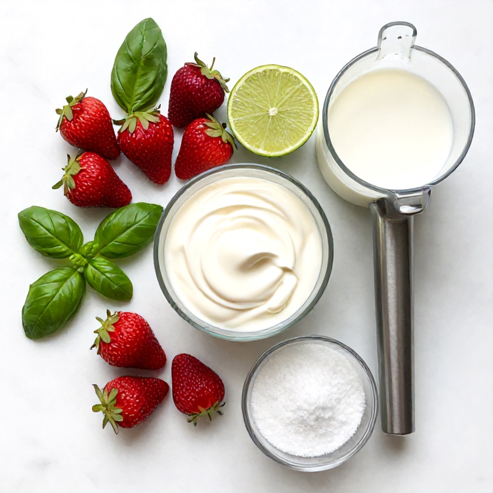 Ingredients for Roasted Strawberry Basil Ice Cream