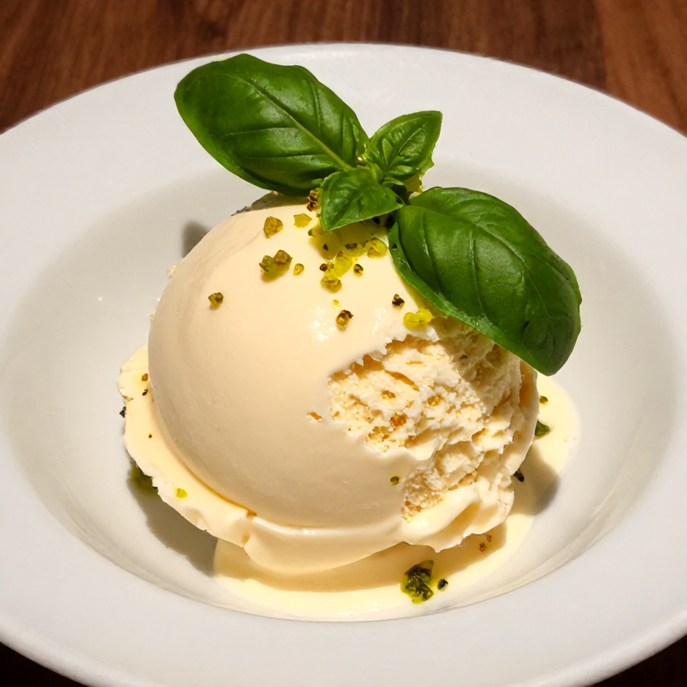 Scoop of Roasted Strawberry Lime Basil Ice Cream
