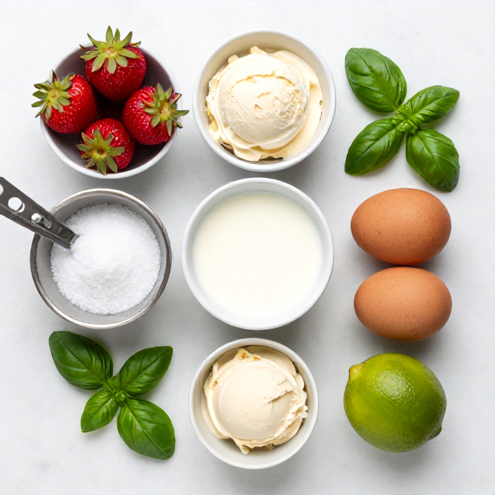 Ingredients for Roasted Strawberry Lime Basil Ice Cream