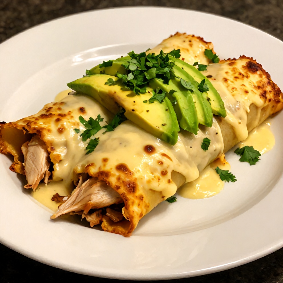 Plated slow cooker chicken enchiladas with avocado and cilantro