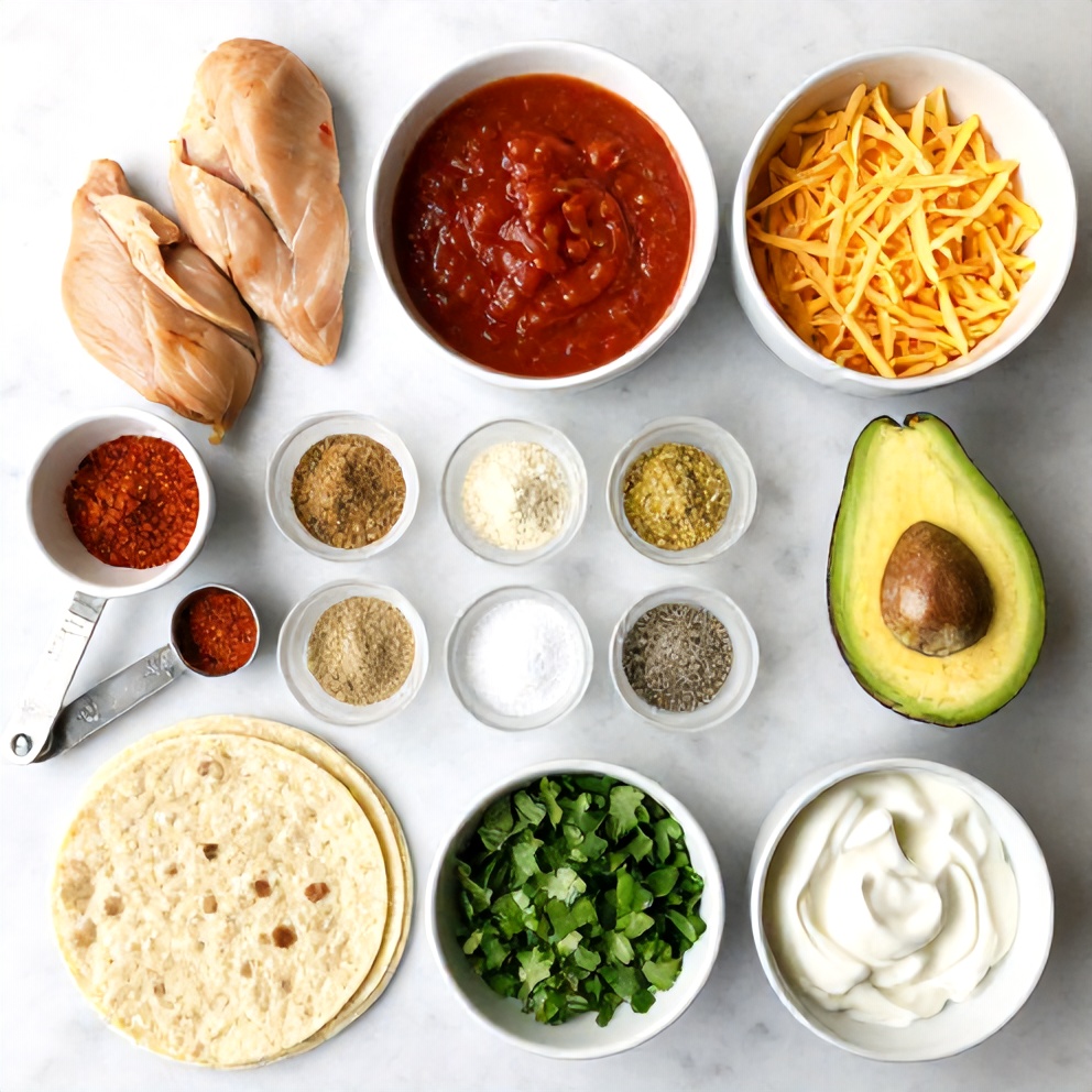 Raw ingredients for slow cooker chicken enchiladas on a wooden surface