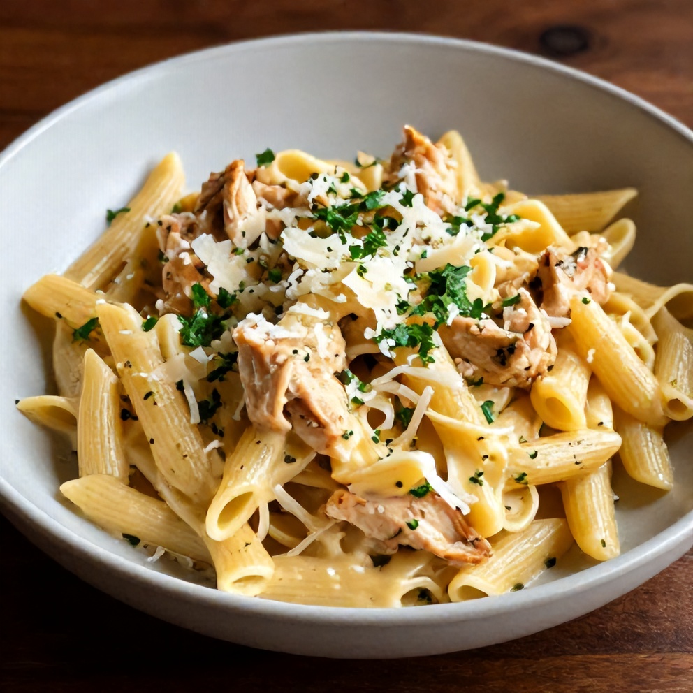 Plated Serving of Creamy Chicken Pasta with Sun-Dried Tomatoes