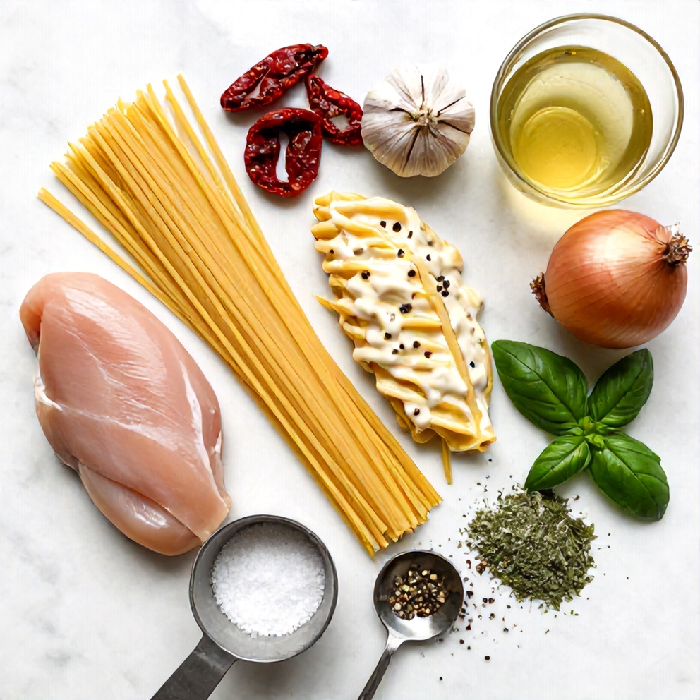 Raw Ingredients for Slow Cooker Creamy Chicken Pasta with Sun-Dried Tomatoes