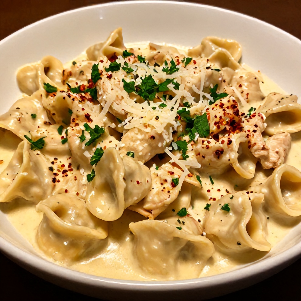 Plated creamy chicken tortellini