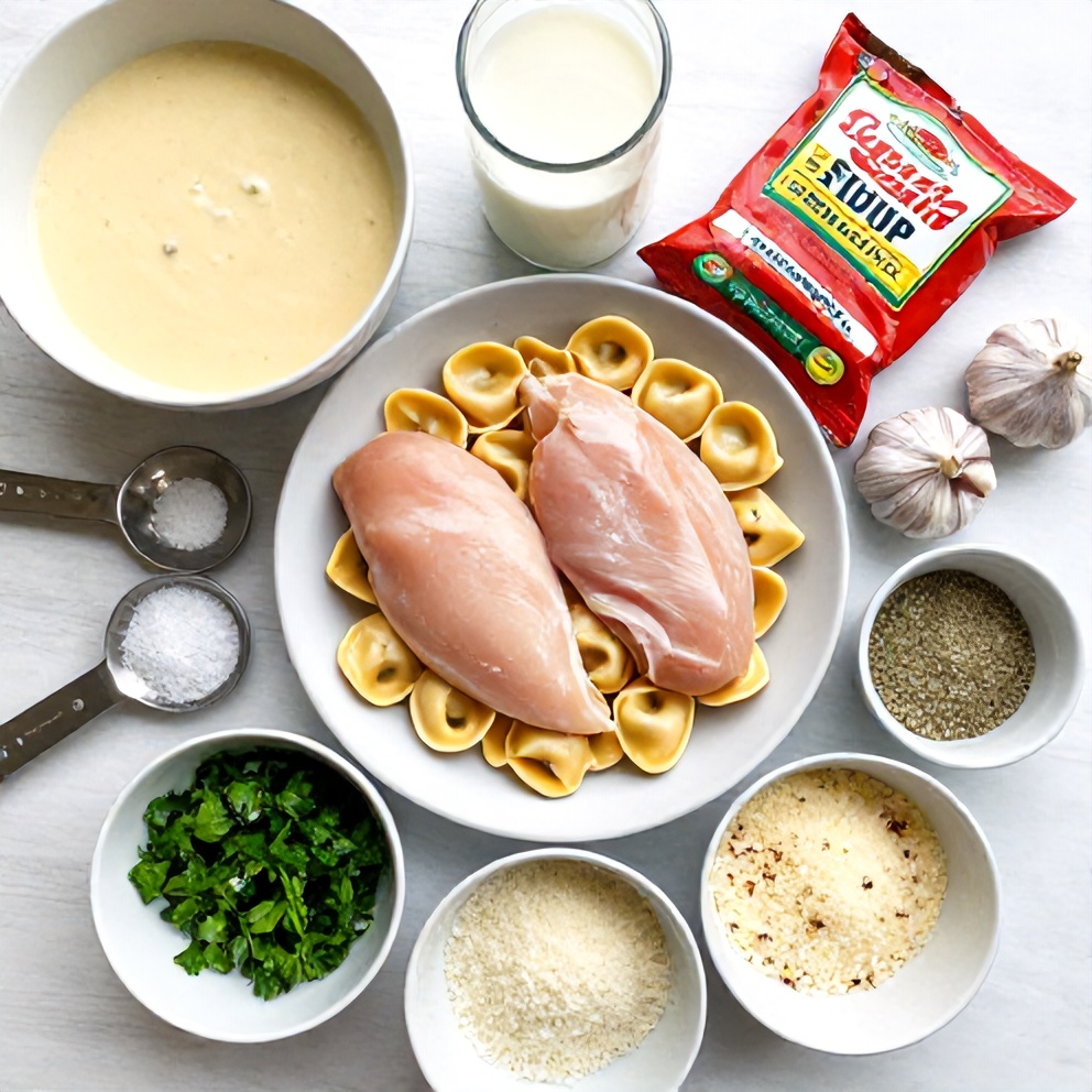 Raw ingredients for creamy chicken tortellini
