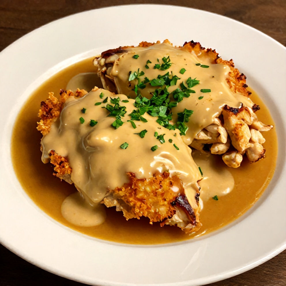 Plated slow cooker honey mustard chicken with crispy edges and creamy sauce