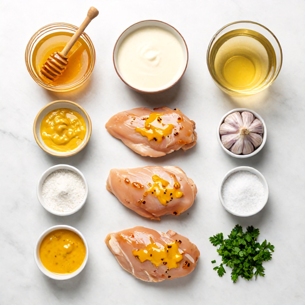 Raw ingredients for slow cooker honey mustard chicken: chicken breasts, honey, mustard, cream of chicken soup, etc.
