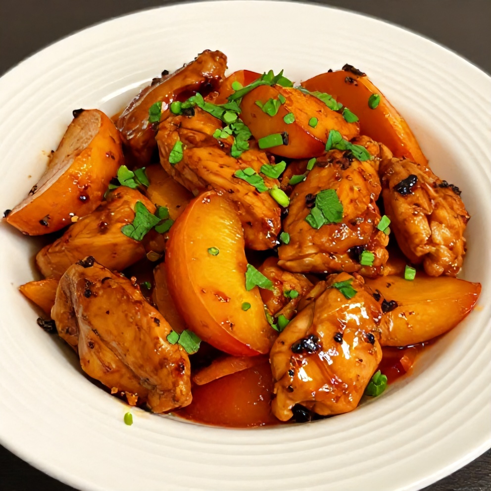 Plated Spicy Jalapeño Peach Chicken with garnish