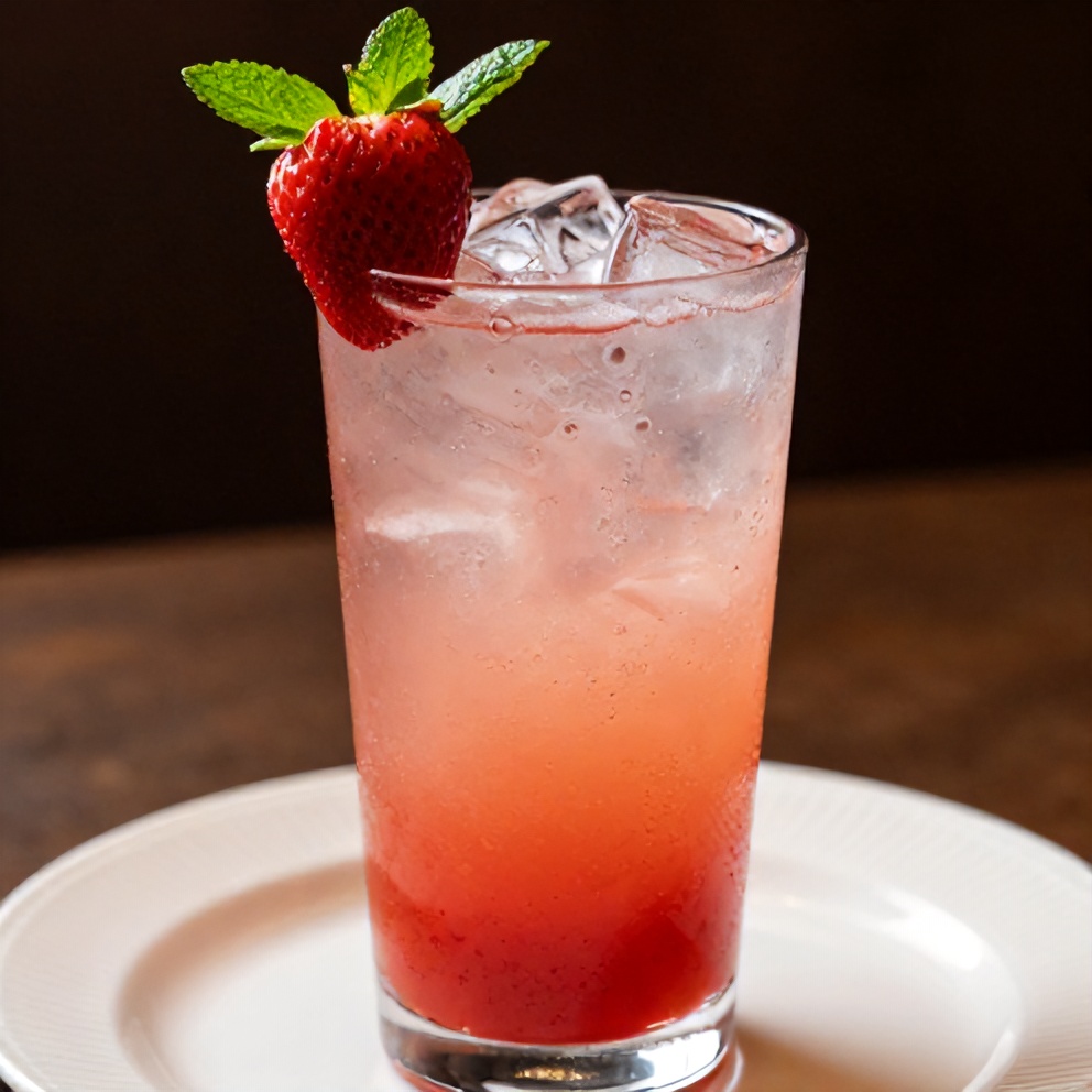 Strawberry Mint Lemonade poured in a glass with a strawberry and mint garnish
