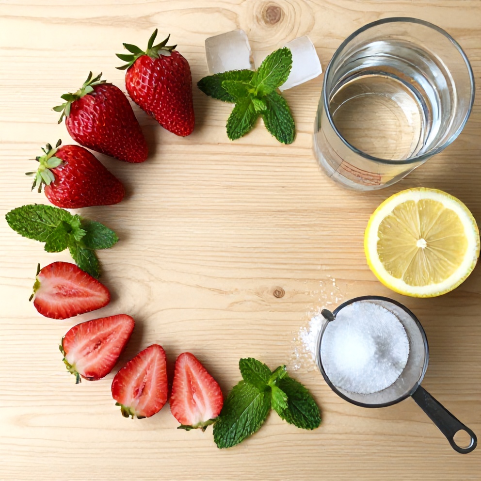 Strawberry, mint leaves, lemons, sugar, water, and ice on a wooden surface