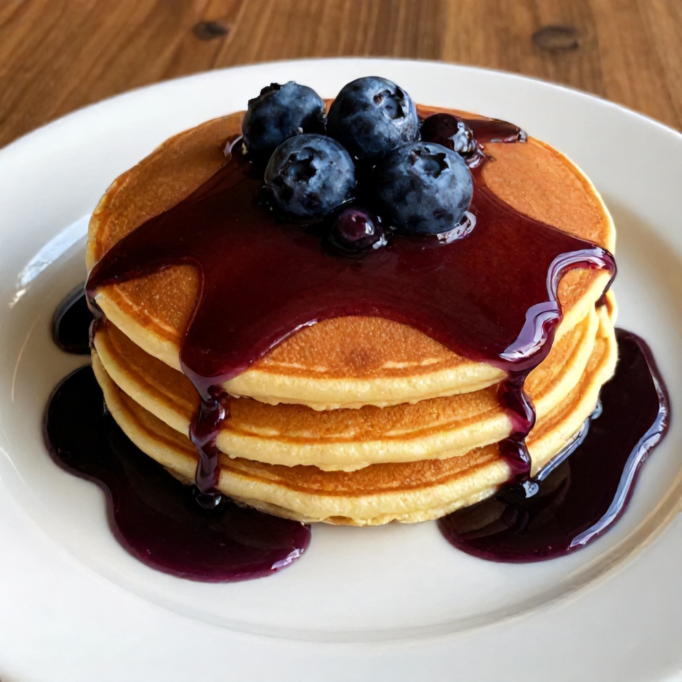 Blueberry syrup drizzled on pancakes