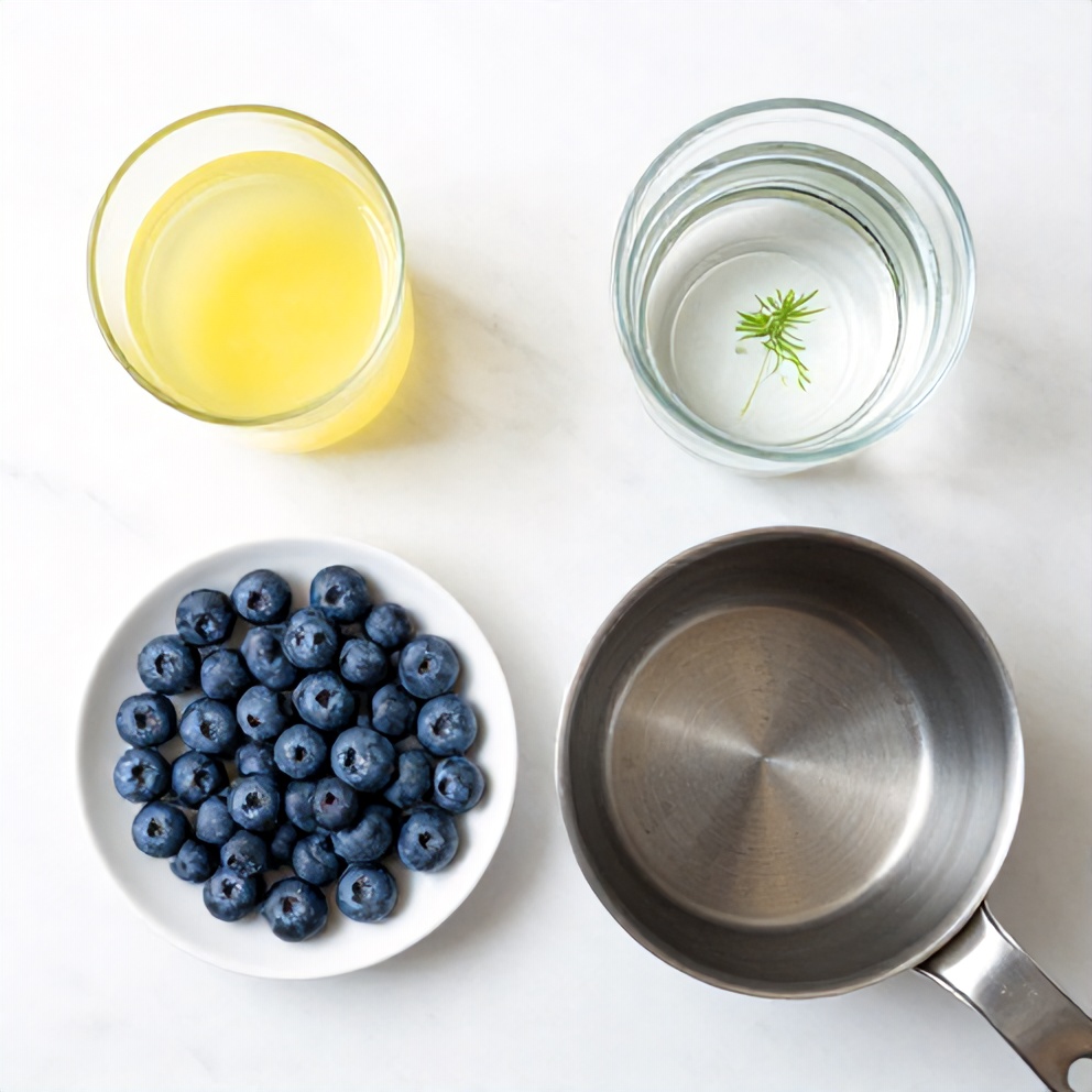 Blueberries, lemon juice, stevia, water, and a saucepan