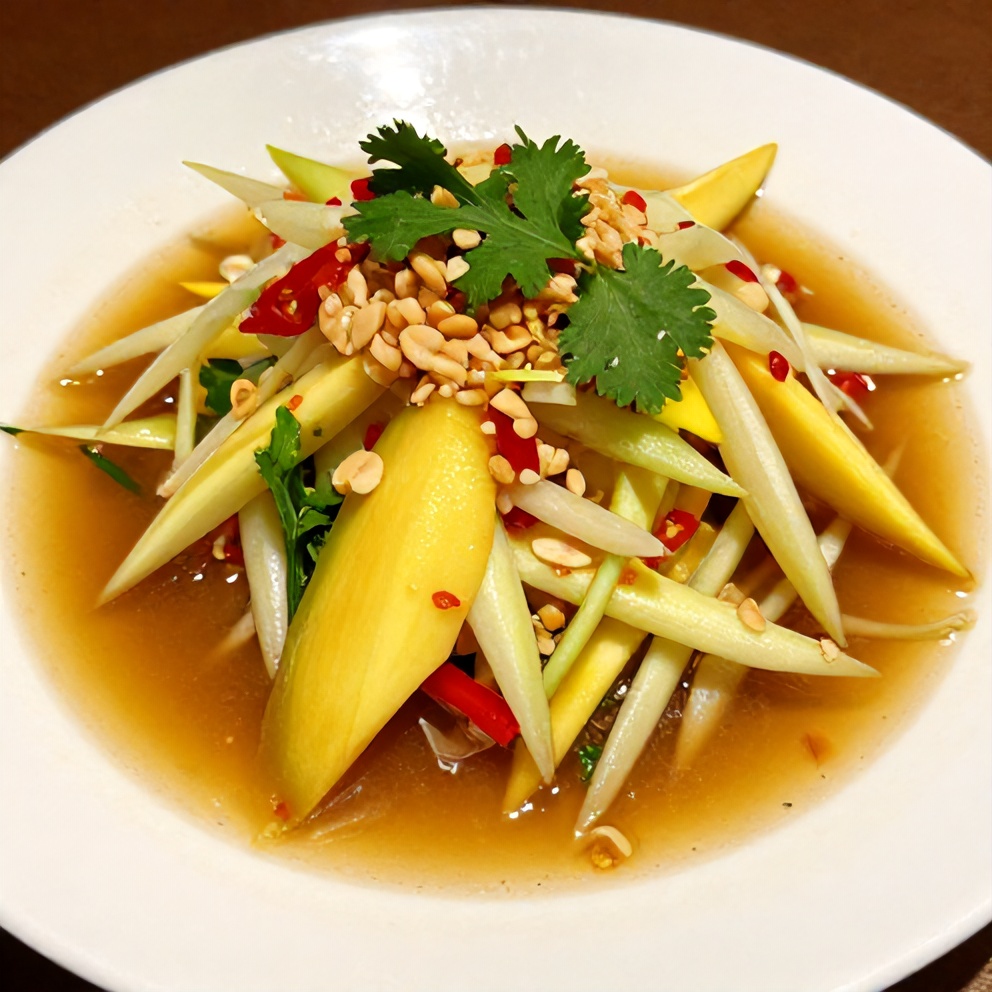Thai Mango Green Papaya Salad plated with garnish