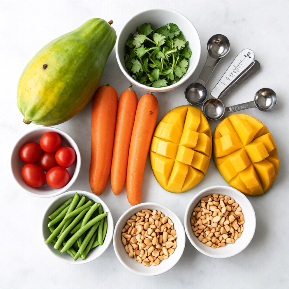 Raw ingredients for Thai Mango Green Papaya Salad