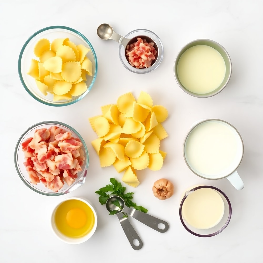Raw ingredients for tortellini carbonara