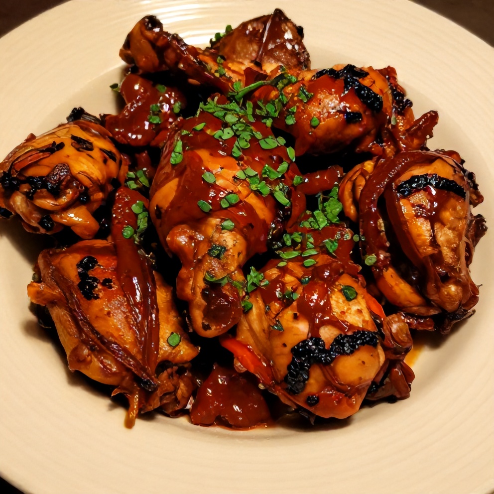 Plated beer can chicken with smoky paprika BBQ and garnish