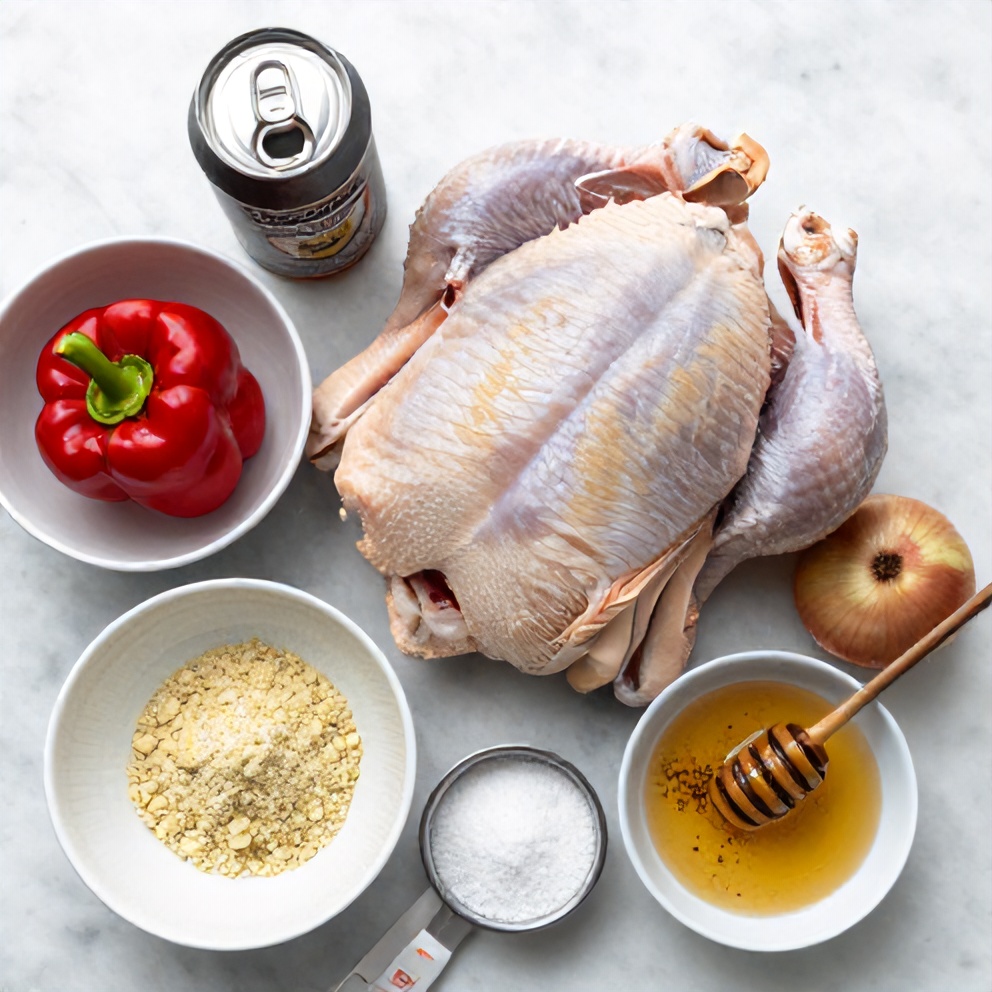 Raw ingredients for beer can chicken recipe on a marble surface
