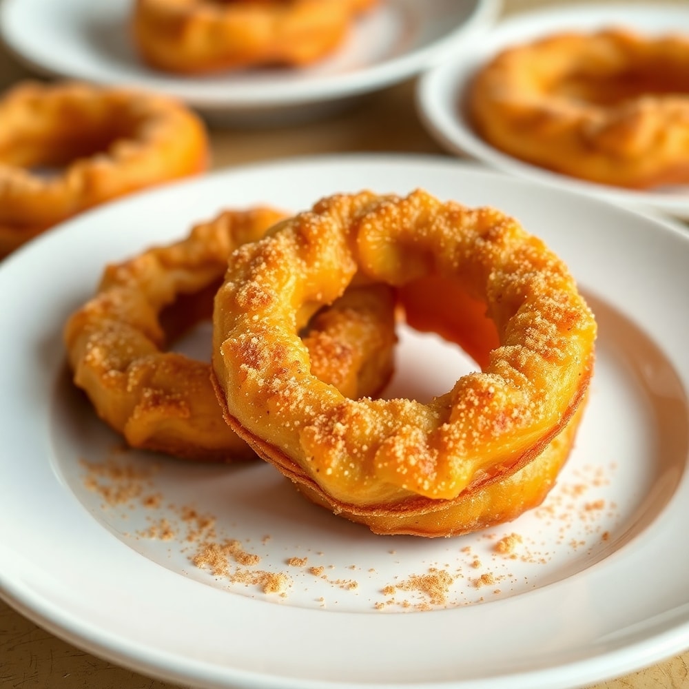 Plated serving of Crispy Air Fryer Cinnamon Apple Rings on a white plate