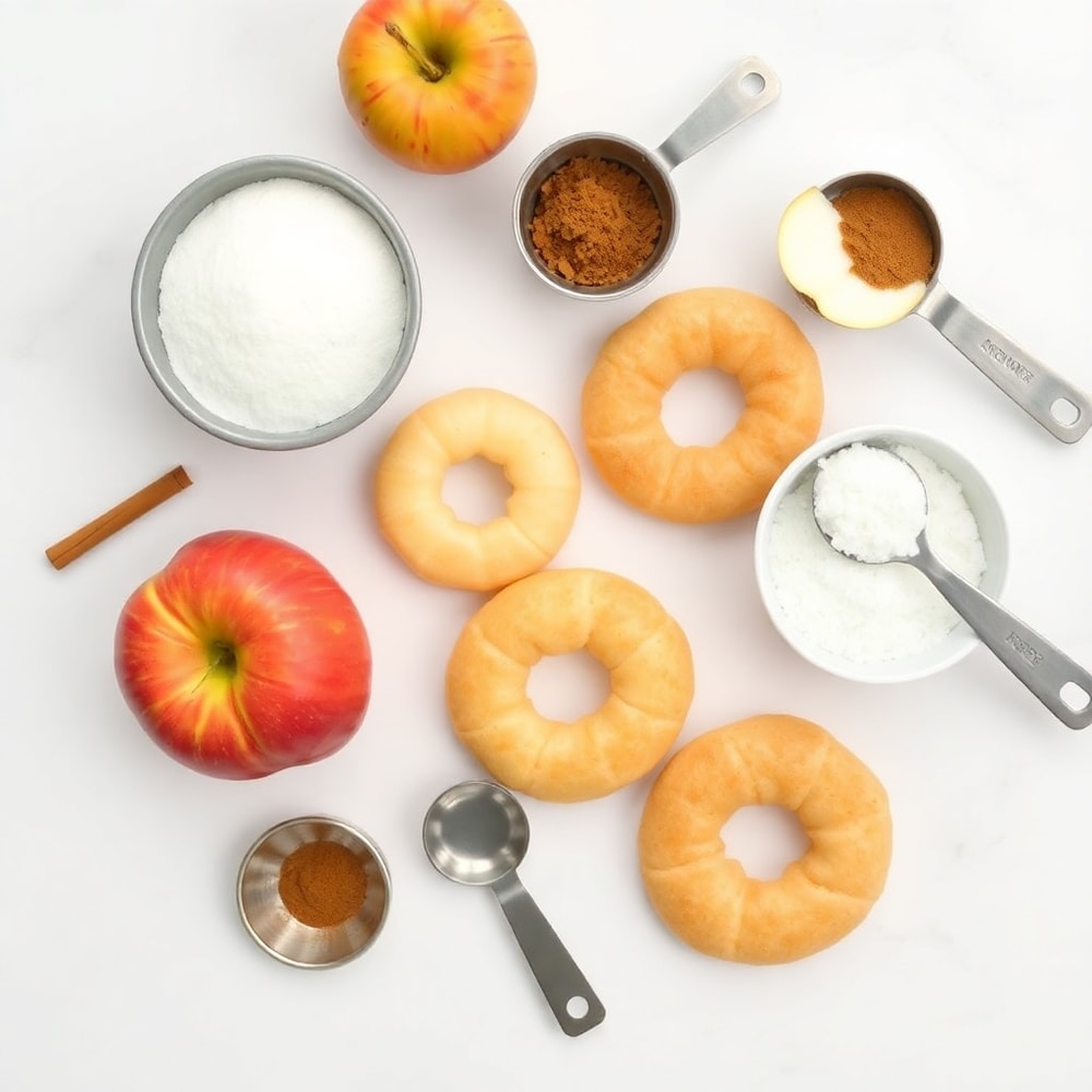 Raw ingredients for Air Fryer Cinnamon Apple Rings on a white marble surface