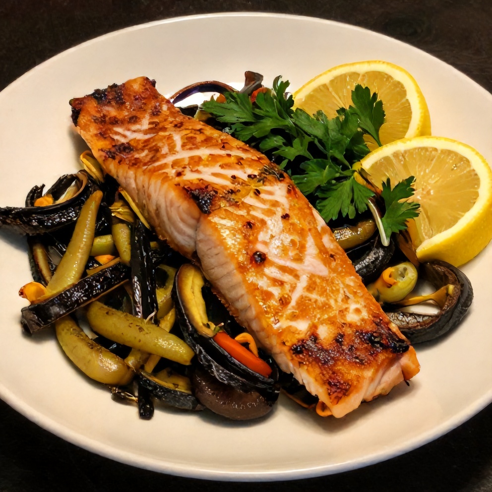 Plated Air Fryer Salmon and Vegetables