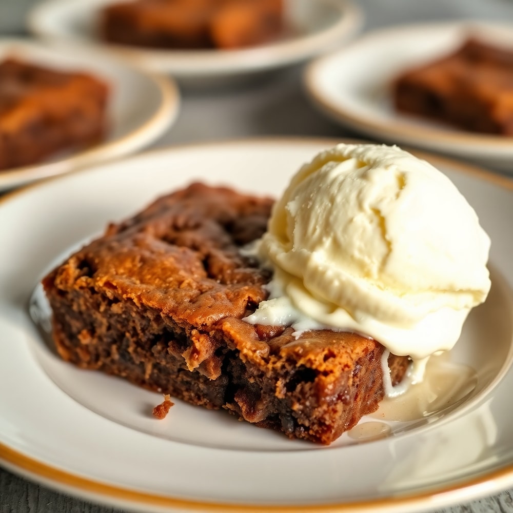 Plated serving of banana bread brownies with a scoop of vanilla ice cream
