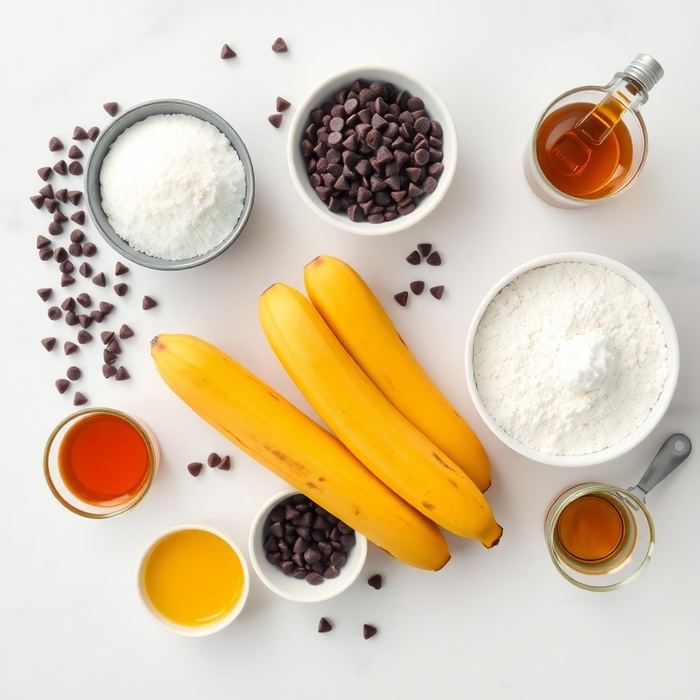 Overhead flat lay of ripe bananas, chocolate chips, flour, sugar, eggs, and vanilla extract