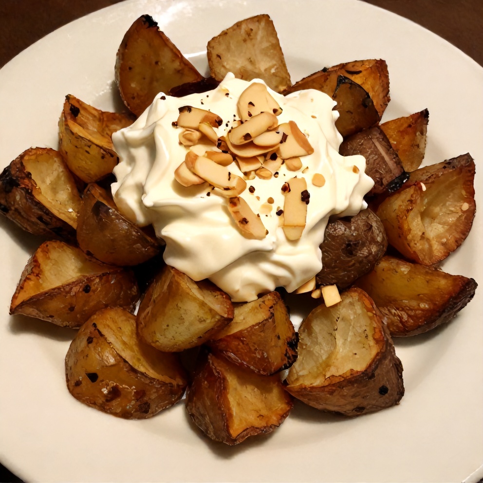 Plated baked potato wedges with sour cream and chives