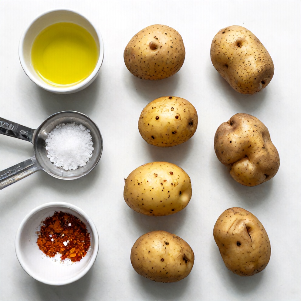 Raw ingredients for baked potato wedges on a white marble surface