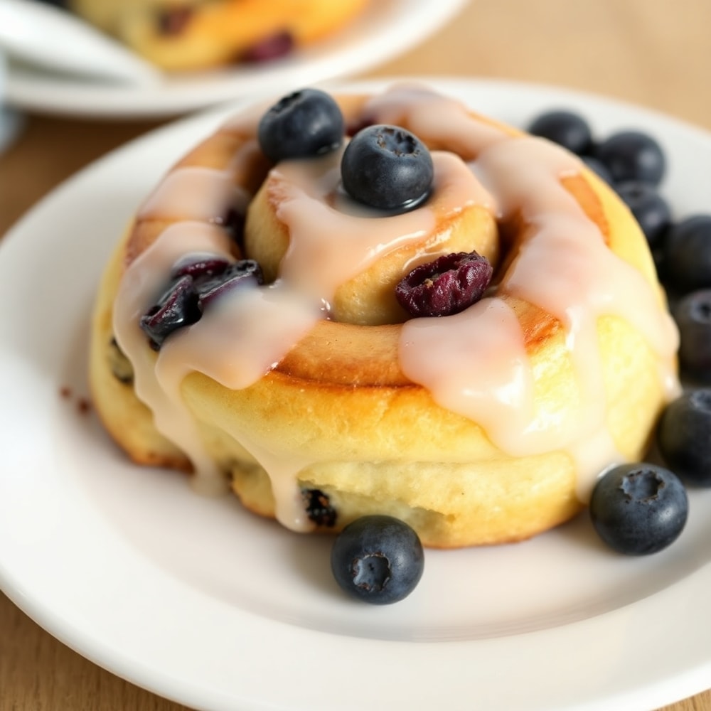 Plated Blueberry Cinnamon Rolls with cream cheese glaze and fresh blueberries