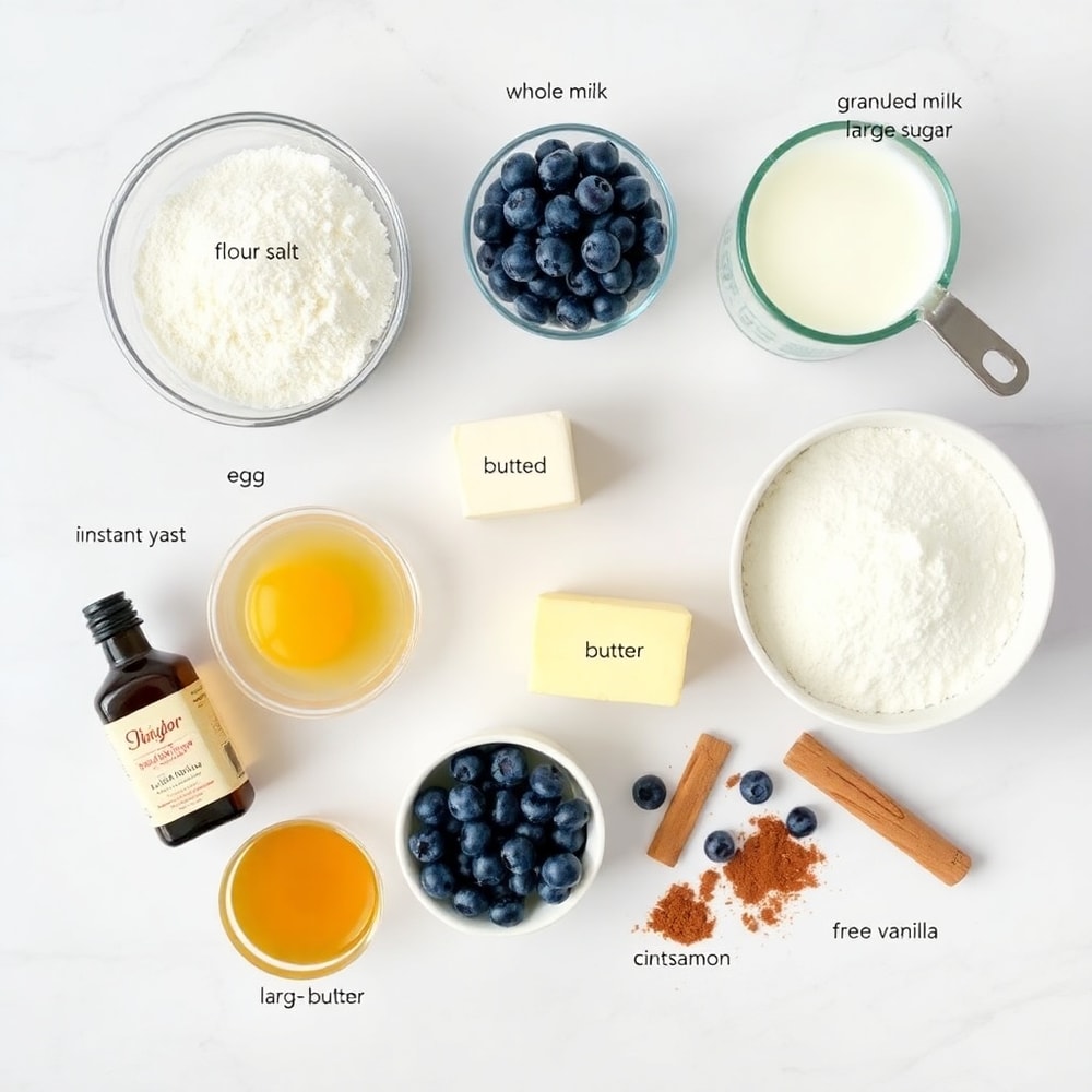 Raw ingredients for Blueberry Cinnamon Rolls including flour, blueberries, and cinnamon