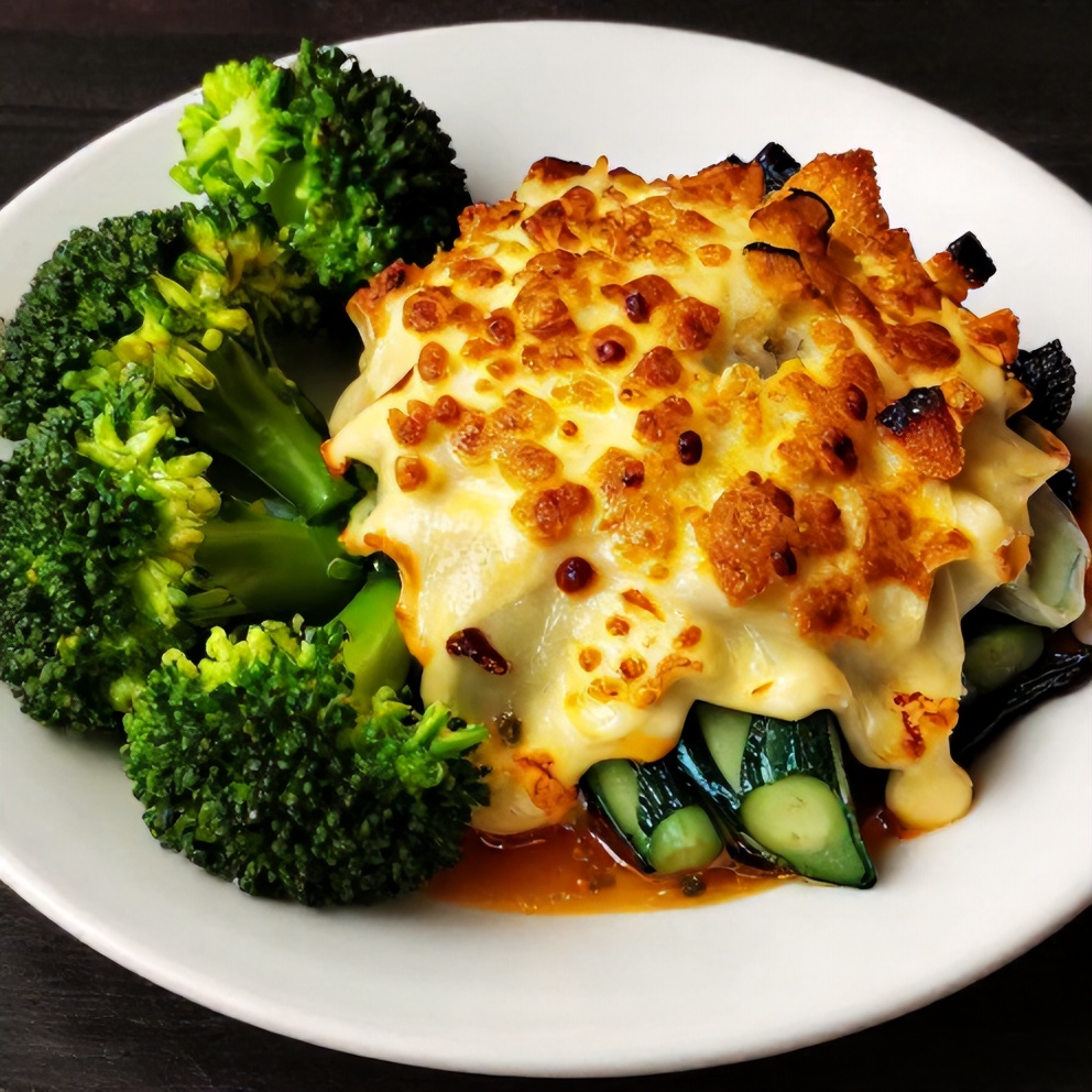 Served baked vegetable casserole with crispy topping and steamed broccoli