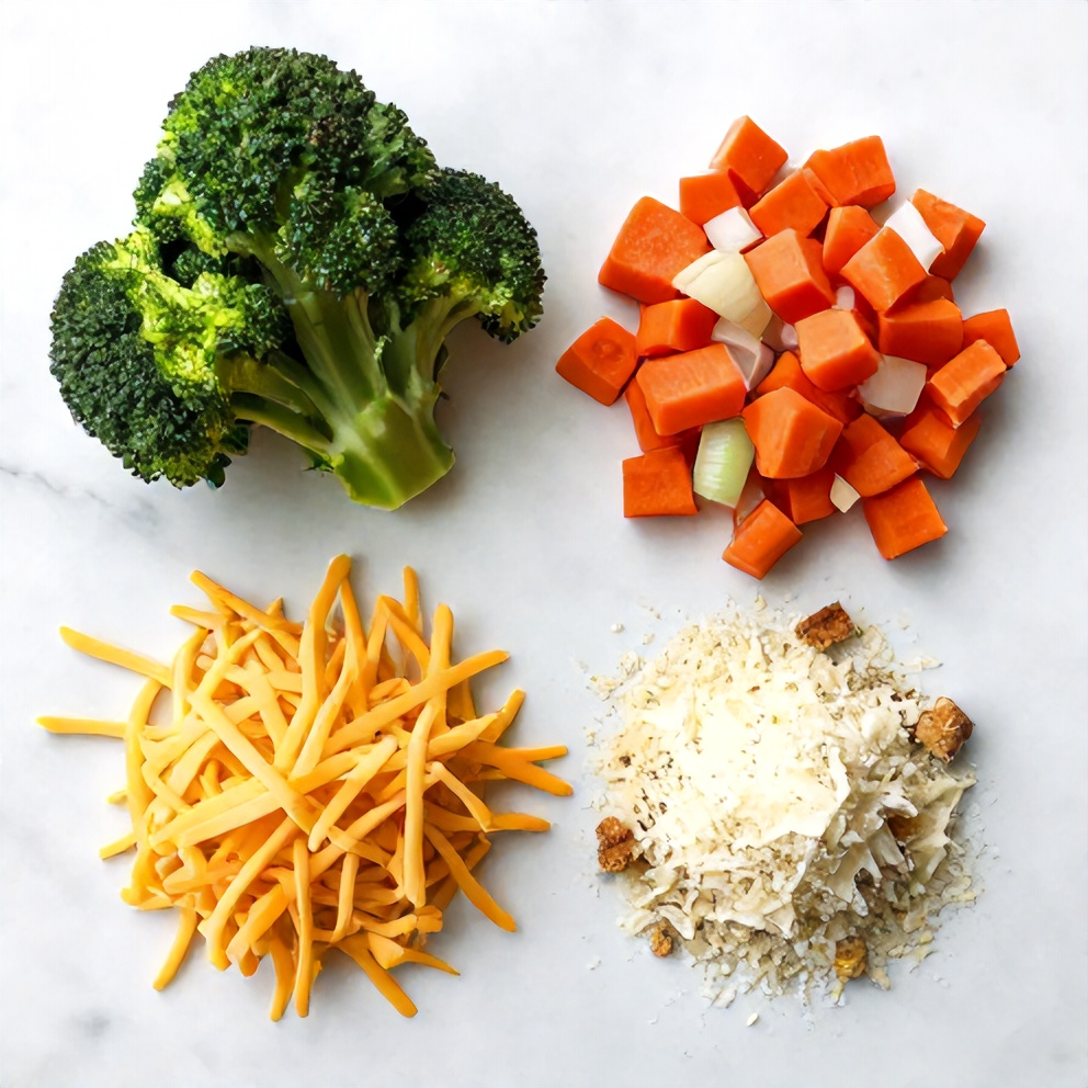 Raw ingredients for baked vegetable casserole: broccoli, carrots, onions, cheese, milk, and seasonings