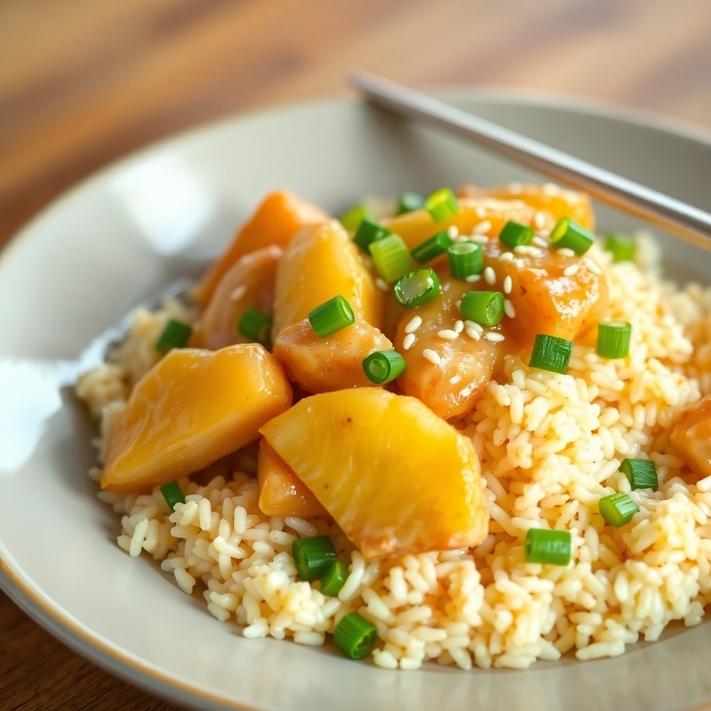 Plated serving of Pineapple Chicken and Rice with green onions and sesame seeds