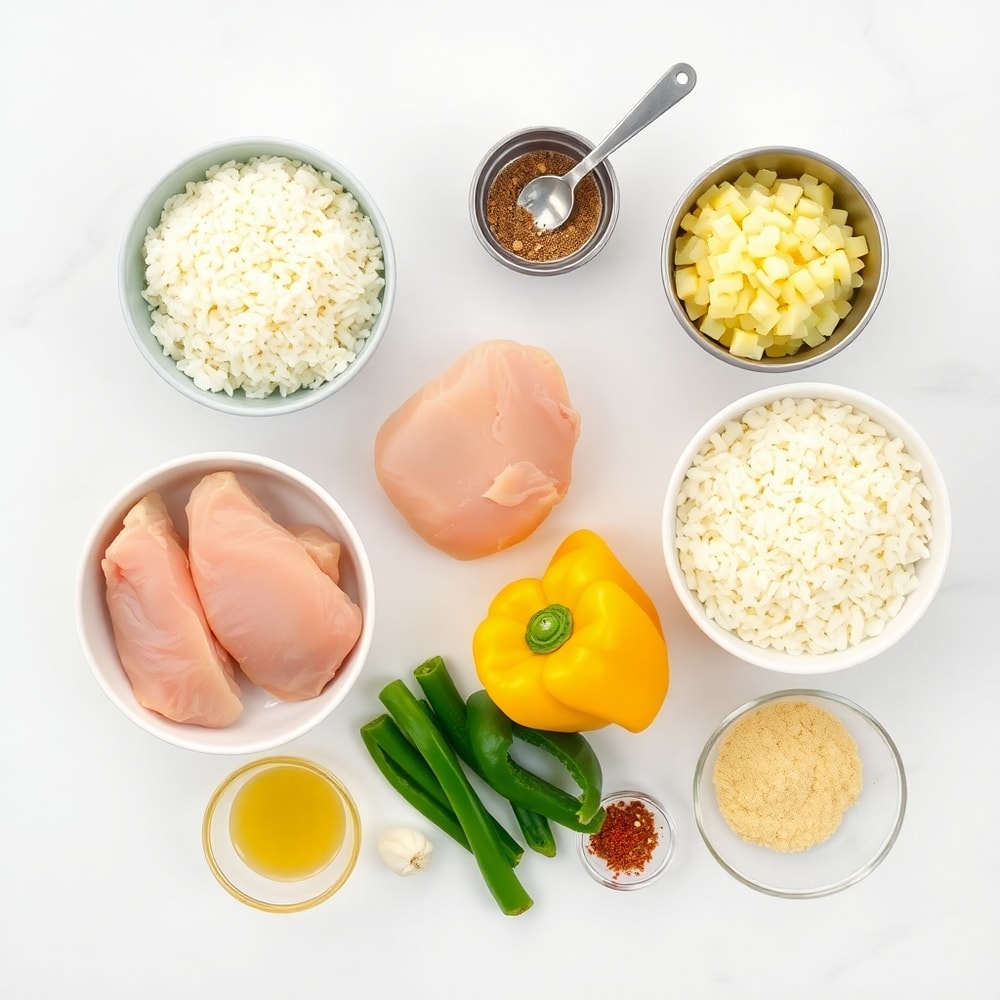 Raw ingredients for Pineapple Chicken and Rice: chicken breasts, rice, pineapple, bell peppers, onions, garlic, and seasonings