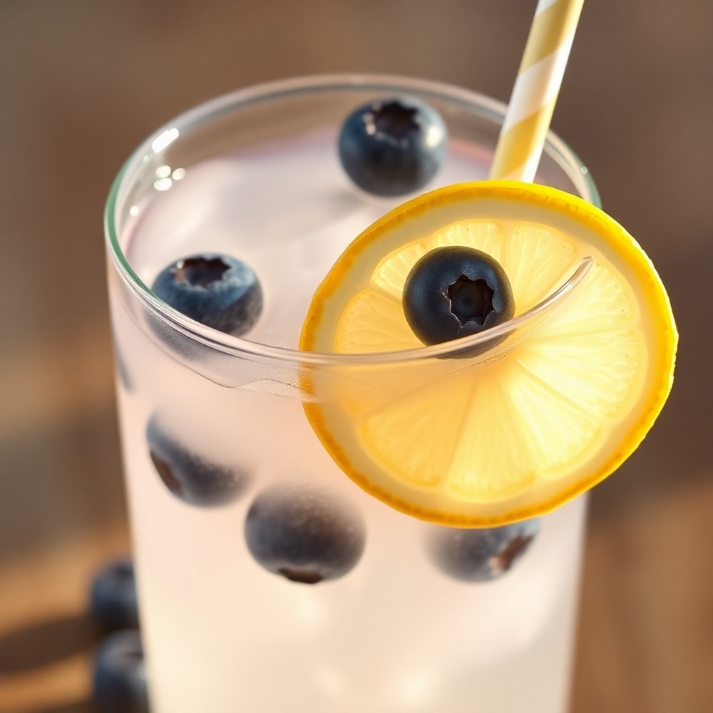 Blueberry Coconut Water Drink garnished with a lemon slice